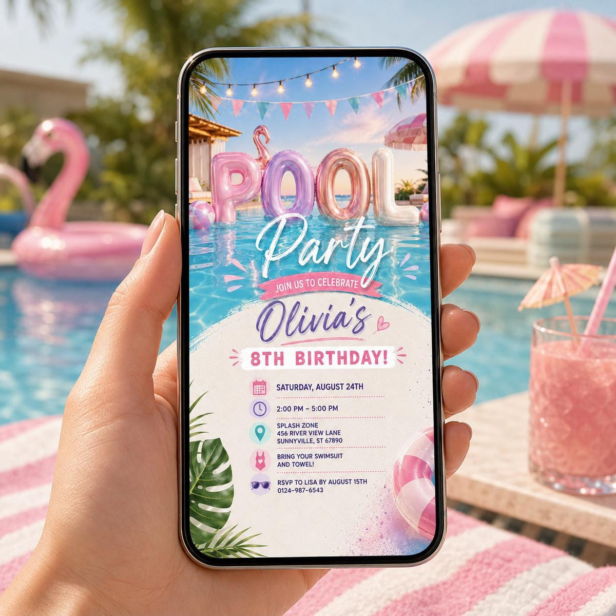 Editable Pool Birthday Invitation Canva Template, Pink Pastel Girls Pool Cute Modern Fun DIY Sweet Party Invite, Printable Digital Download.