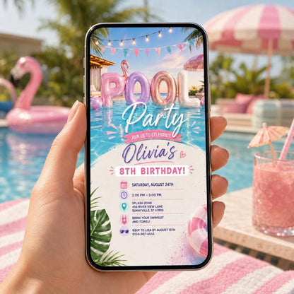 Editable Pool Birthday Invitation Canva Template, Pink Pastel Girls Pool Cute Modern Fun DIY Sweet Party Invite, Printable Digital Download.