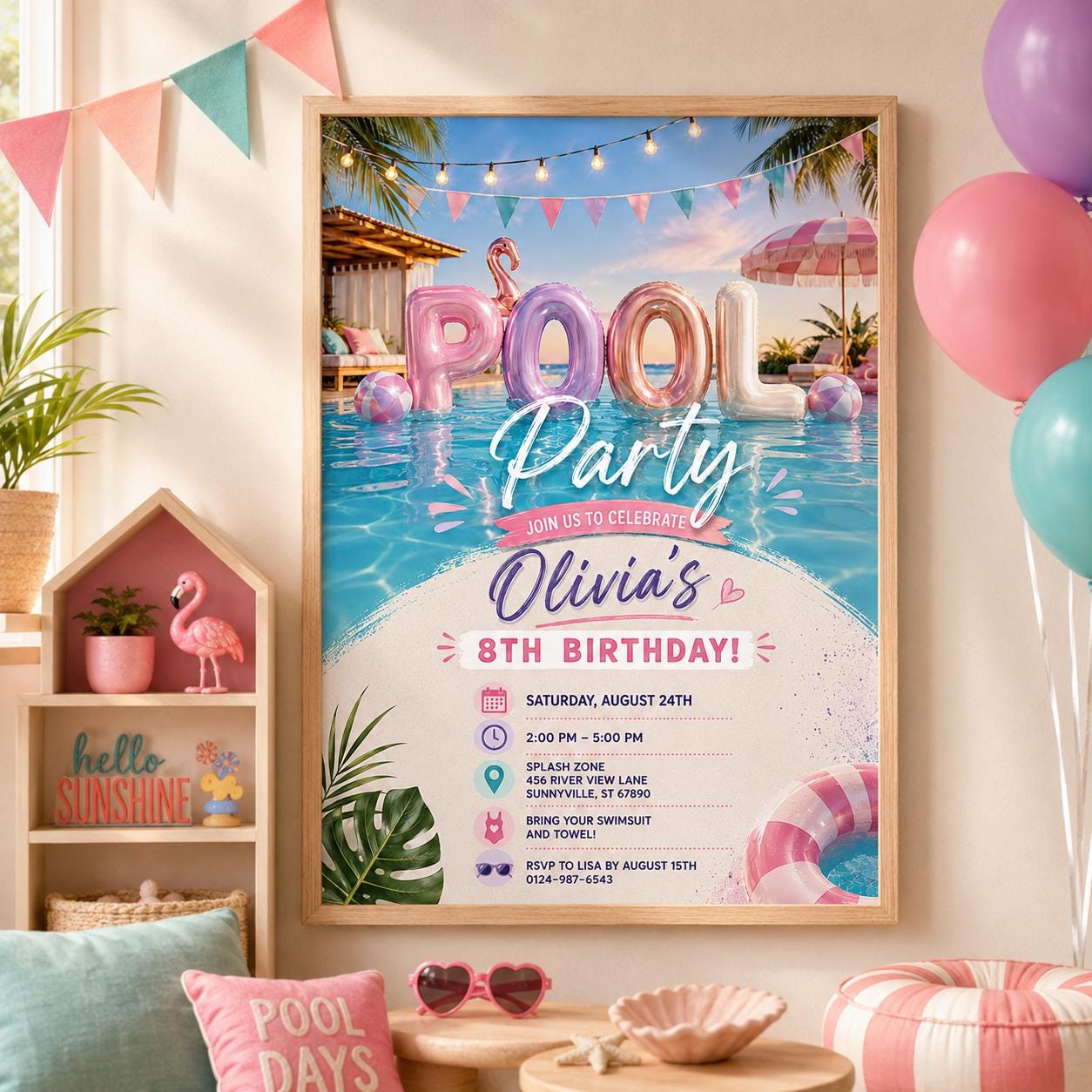 Editable Pool Birthday Invitation Canva Template, Pink Pastel Girls Pool Cute Modern Fun DIY Sweet Party Invite, Printable Digital Download.