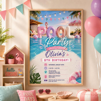 Editable Pool Birthday Invitation Canva Template, Pink Pastel Girls Pool Cute Modern Fun DIY Sweet Party Invite, Printable Digital Download.