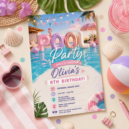 Editable Pool Birthday Invitation Canva Template, Pink Pastel Girls Pool Cute Modern Fun DIY Sweet Party Invite, Printable Digital Download.