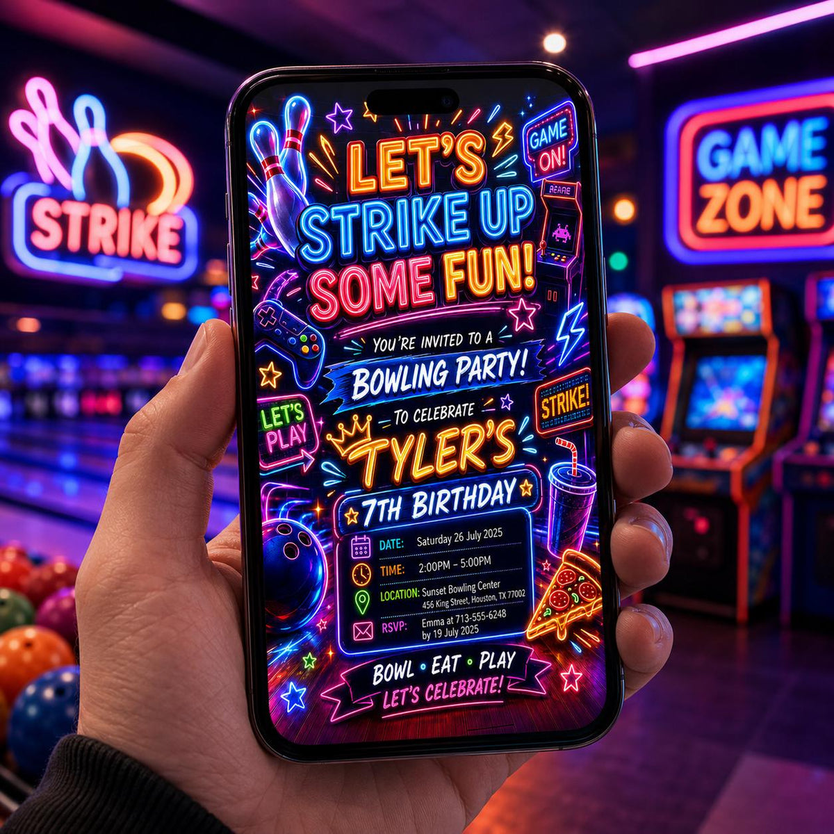 Editable Neon Glow Birthday Invitation Canva Template, Boys Teens Neon Cute Fun DIY Chic Kids Teen Party Invite, Printable Digital Download.