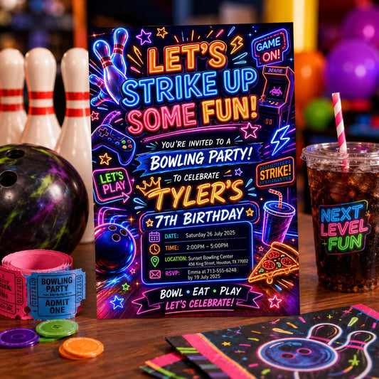 Editable Neon Glow Birthday Invitation Canva Template, Boys Teens Neon Cute Fun DIY Chic Kids Teen Party Invite, Printable Digital Download.