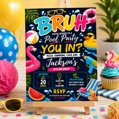 Editable Pool Birthday Invitation Canva Template, Boys Teens Pool Cute Modern Fun Themed DIY Sweet Party Invite, Printable Digital Download.