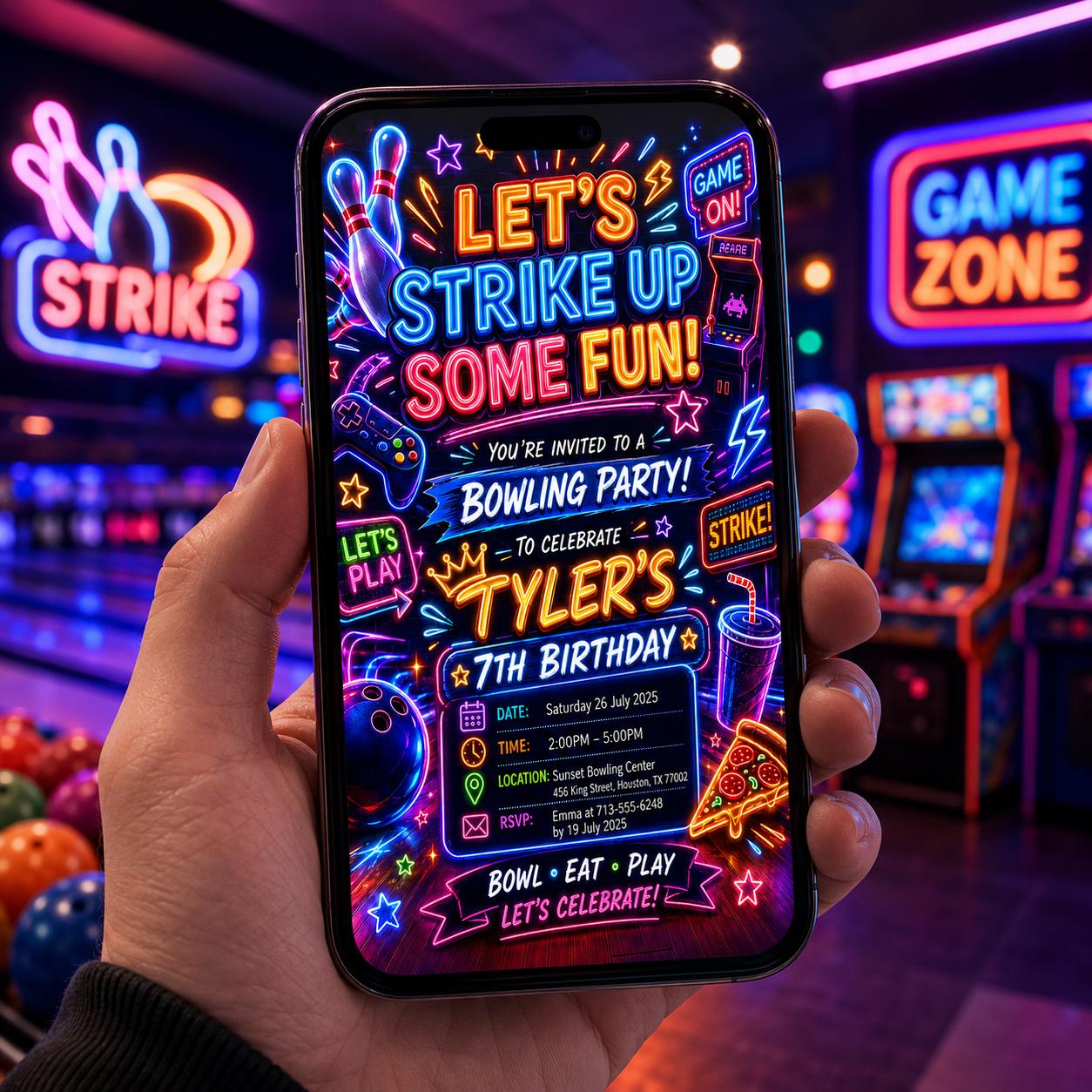 Editable Neon Glow Birthday Invitation Canva Template, Boys Neon Cute Fun DIY Sweet Chic Kids Teen Party Invite, Printable Digital Download.