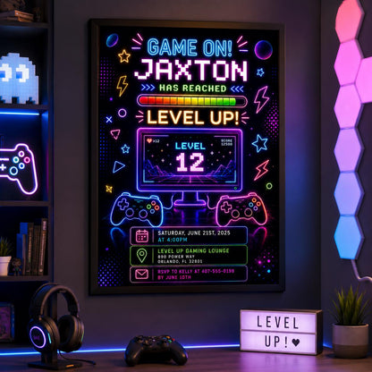 Editable Neon Glow Birthday Invitation Canva Template, Boys Neon Cute Fun DIY Sweet Chic Kids Teen Party Invite, Printable Digital Download.
