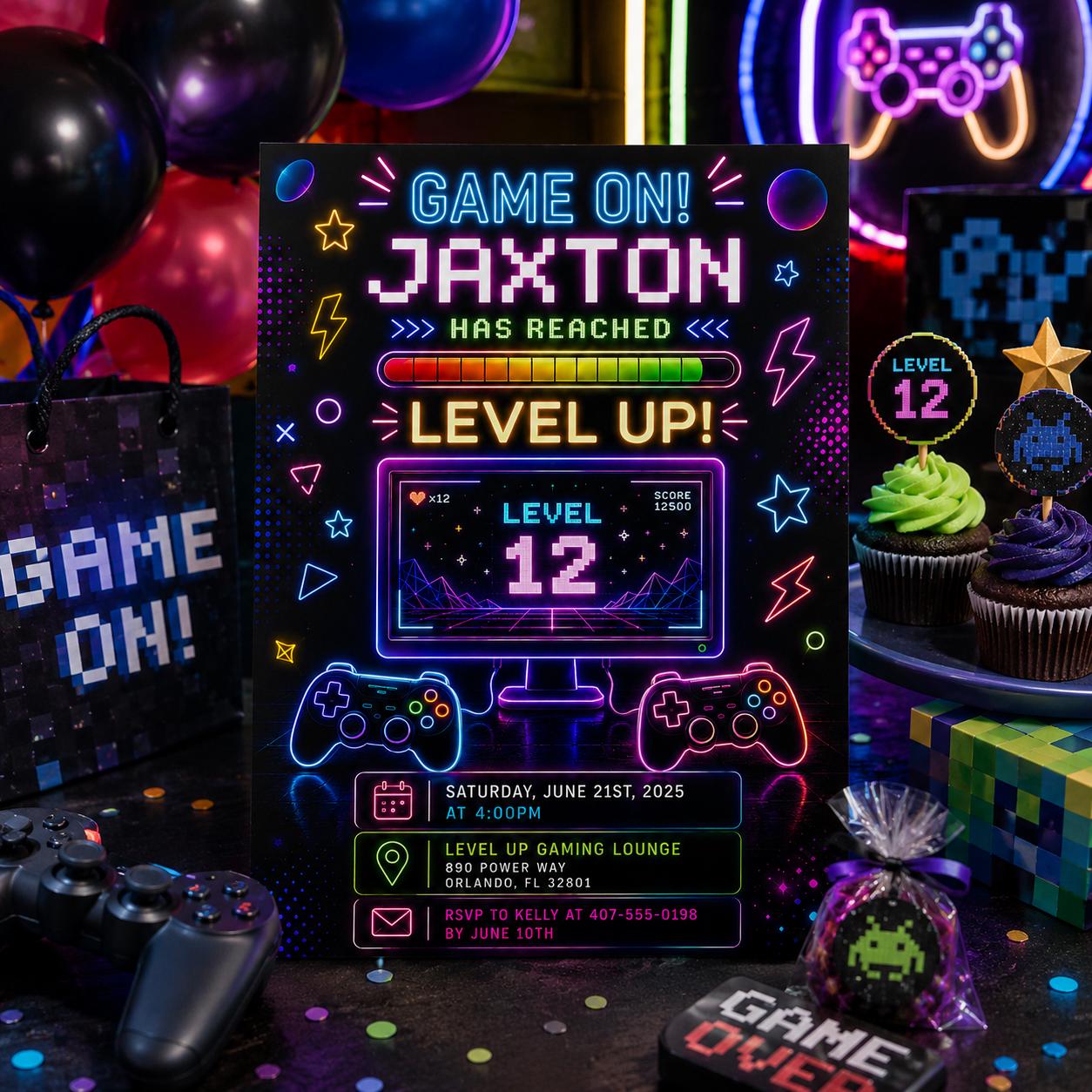 Editable Neon Glow Birthday Invitation Canva Template, Boys Neon Cute Fun DIY Sweet Chic Kids Teen Party Invite, Printable Digital Download.