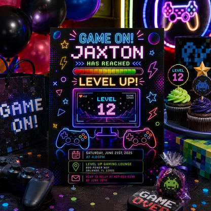 Editable Neon Glow Birthday Invitation Canva Template, Boys Neon Cute Fun DIY Sweet Chic Kids Teen Party Invite, Printable Digital Download.