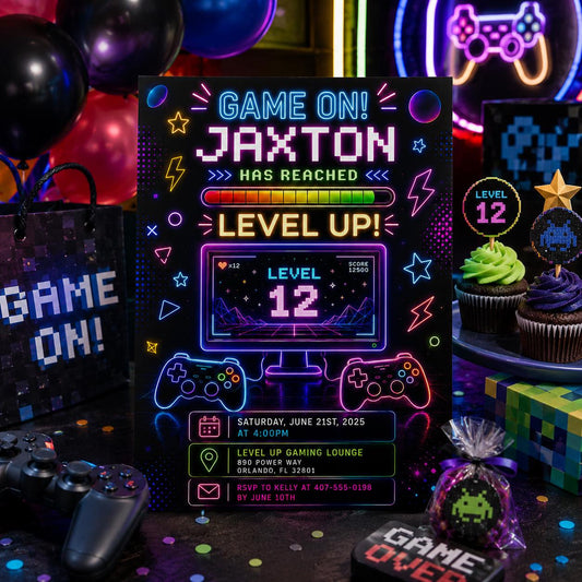 Editable Neon Glow Birthday Invitation Canva Template, Boys Neon Cute Fun DIY Sweet Chic Kids Teen Party Invite, Printable Digital Download.