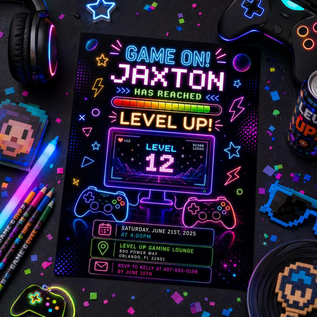 Editable Neon Glow Birthday Invitation Canva Template, Boys Neon Cute Fun DIY Sweet Chic Kids Teen Party Invite, Printable Digital Download.