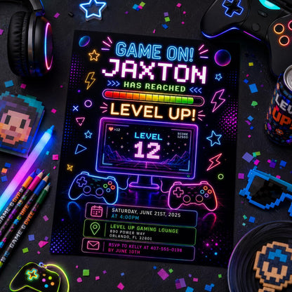 Editable Neon Glow Birthday Invitation Canva Template, Boys Neon Cute Fun DIY Sweet Chic Kids Teen Party Invite, Printable Digital Download.