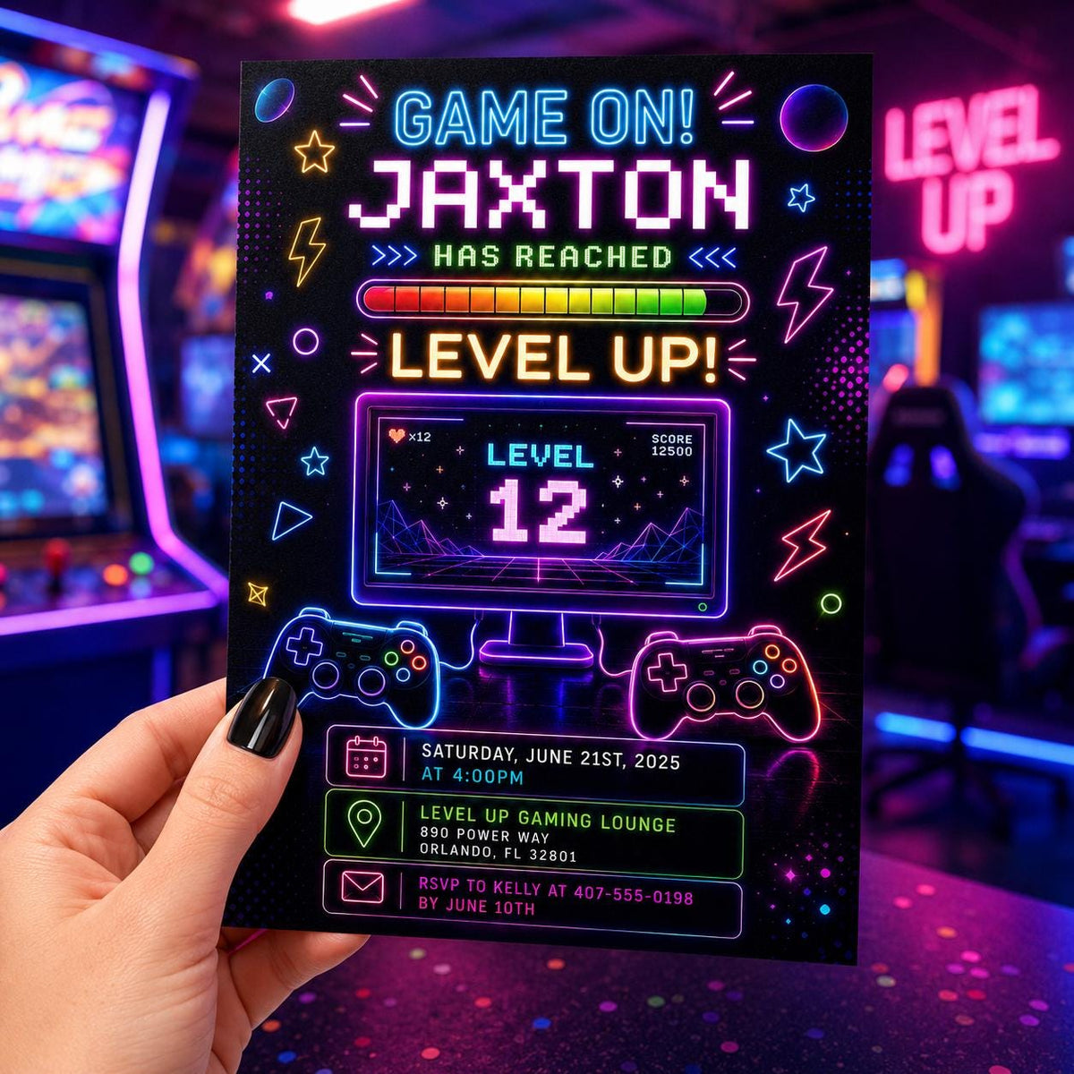 Editable Neon Glow Birthday Invitation Canva Template, Boys Neon Cute Fun DIY Sweet Chic Kids Teen Party Invite, Printable Digital Download.
