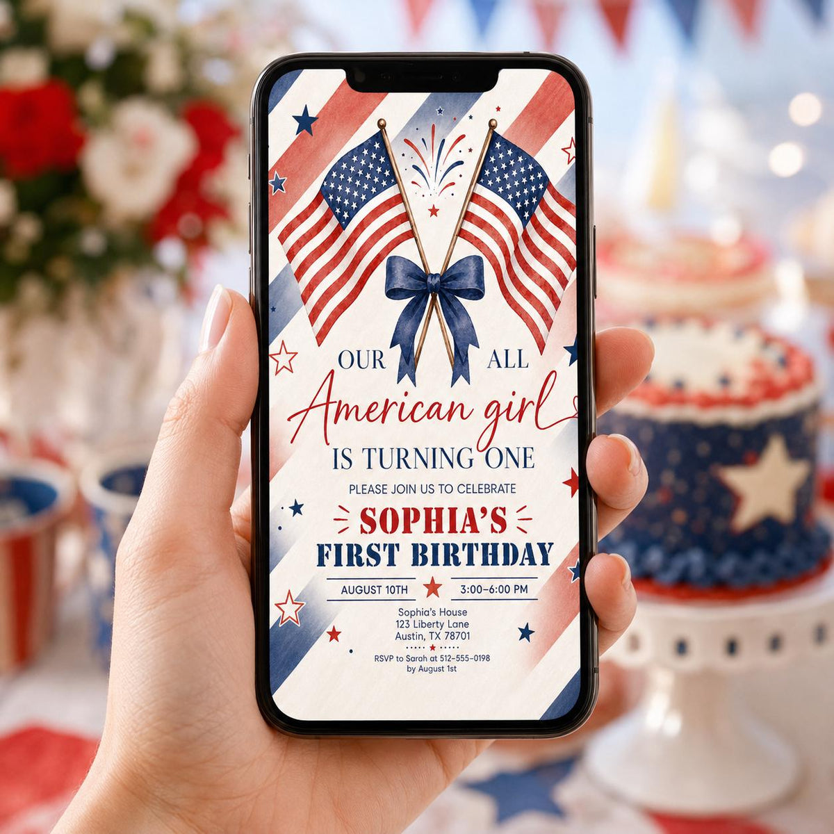 Editable All American Birthday Invitation Canva Template, Blue White Red Girls Kids Modern Fun DIY Party Invite, Printable Digital Download.