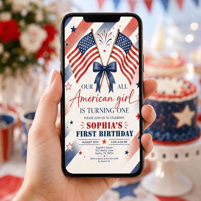 Editable All American Birthday Invitation Canva Template, Blue White Red Girls Kids Modern Fun DIY Party Invite, Printable Digital Download.