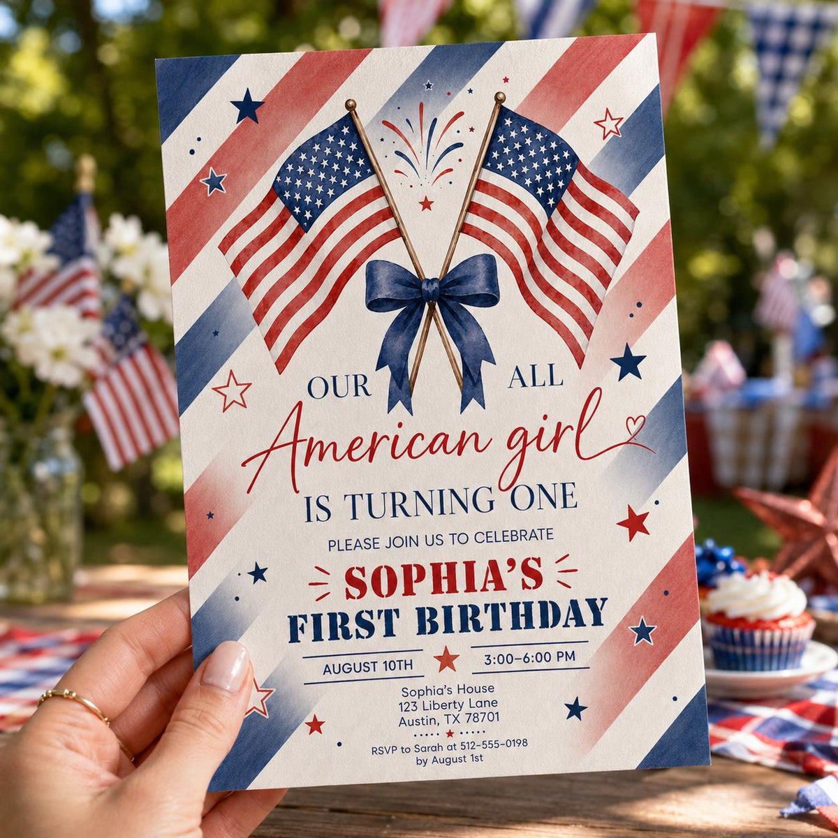 Editable All American Birthday Invitation Canva Template, Blue White Red Girls Kids Modern Fun DIY Party Invite, Printable Digital Download.