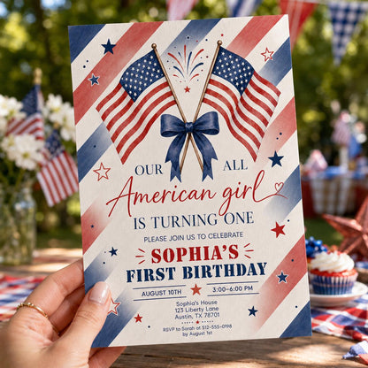 Editable All American Birthday Invitation Canva Template, Blue White Red Girls Kids Modern Fun DIY Party Invite, Printable Digital Download.