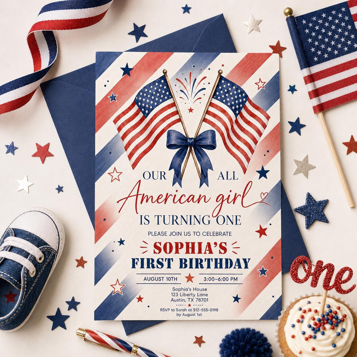 Editable All American Birthday Invitation Canva Template, Blue White Red Girls Kids Modern Fun DIY Party Invite, Printable Digital Download.
