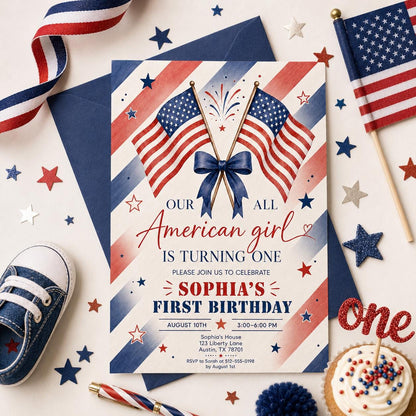 Editable All American Birthday Invitation Canva Template, Blue White Red Girls Kids Modern Fun DIY Party Invite, Printable Digital Download.