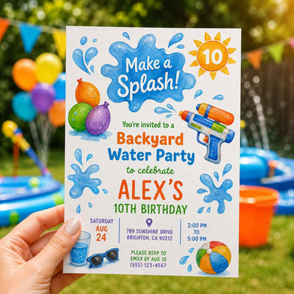Editable Pool Birthday Invitation Canva Template, Boys Summer Cute Modern Fun Themed DIY Chic Kids Party Invite, Printable Digital Download.