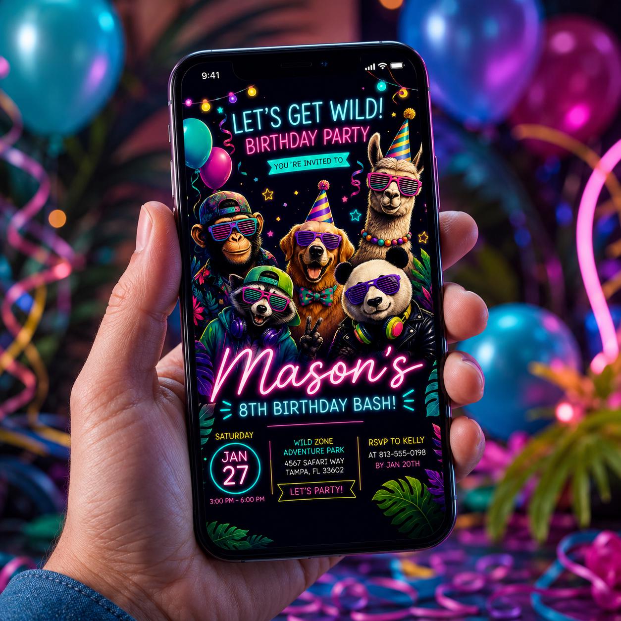 Editable Neon Glow Birthday Invitation Canva Template, Cute Kids Neon Modern Fun Themed Custom DIY Party Invite, Printable Digital Download.