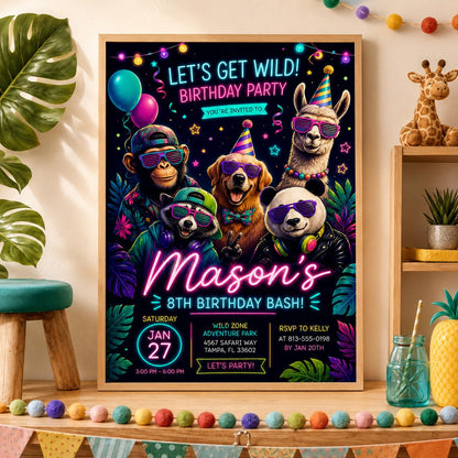 Editable Neon Glow Birthday Invitation Canva Template, Cute Kids Neon Modern Fun Themed Custom DIY Party Invite, Printable Digital Download.