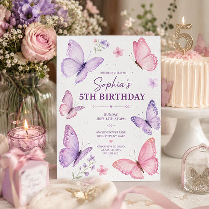 Editable Butterfly Birthday Invitation Canva Template, Pink Purple Pastel Floral Kids Cute Fun DIY Party Invite, Printable Digital Download.