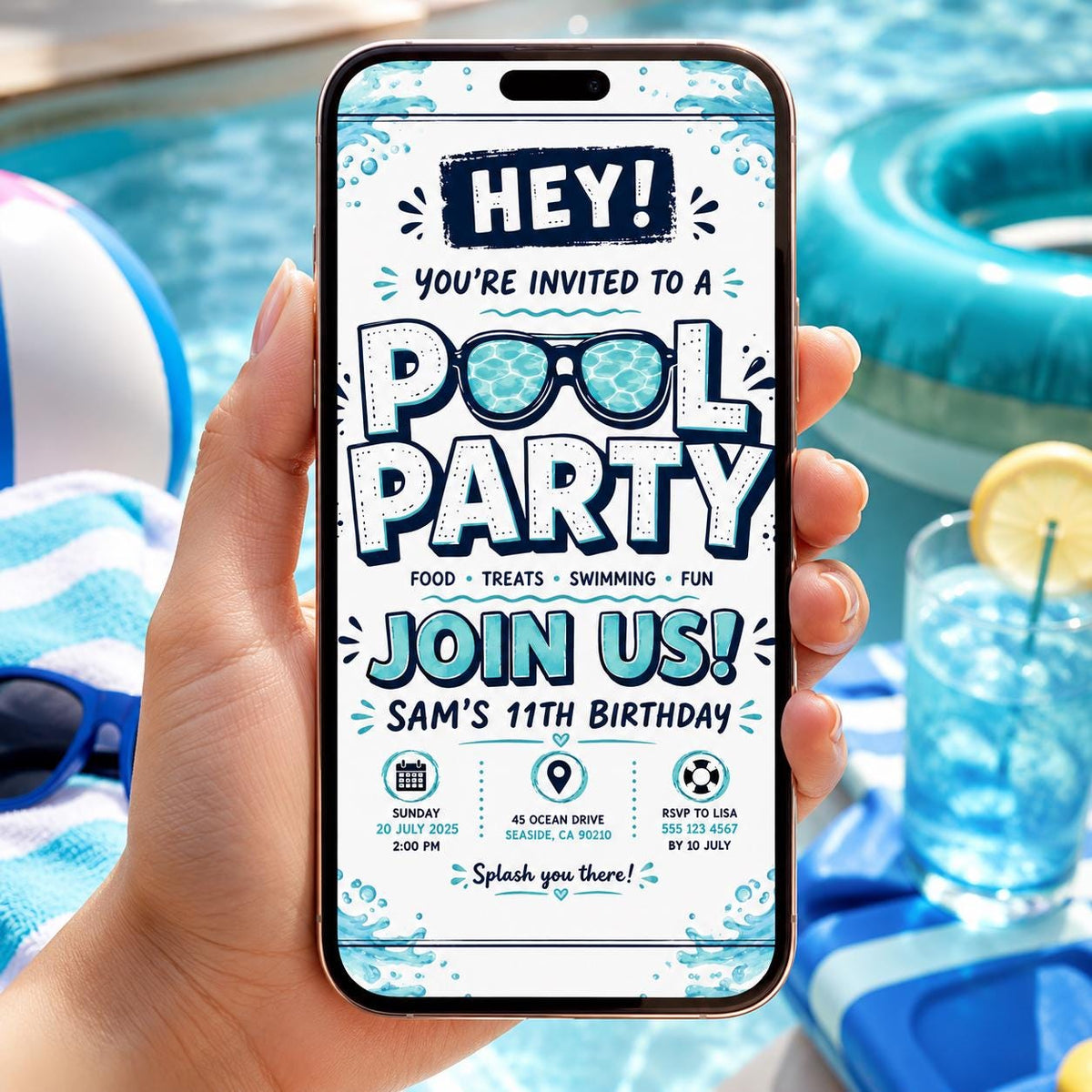 Editable Pool Birthday Invitation Canva Template, Boys Teens Pool Cute Modern Fun Themed DIY Sweet Party Invite, Printable Digital Download.