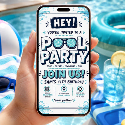 Editable Pool Birthday Invitation Canva Template, Boys Teens Pool Cute Modern Fun Themed DIY Sweet Party Invite, Printable Digital Download.