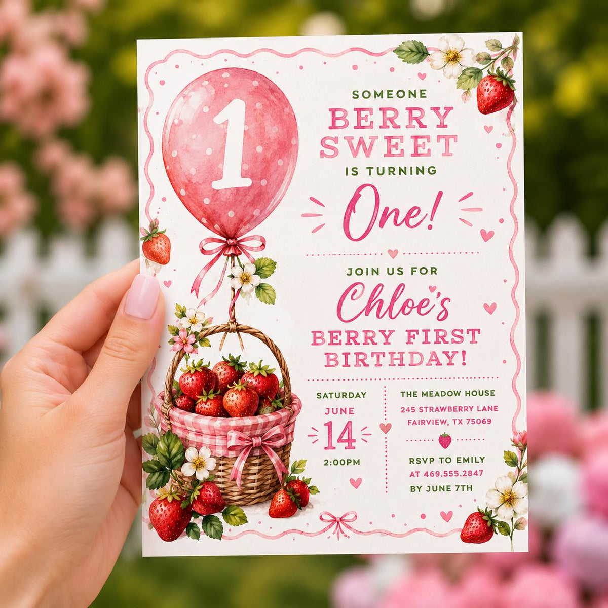 Editable Strawberry Berry First Birthday Invitation Canva Template, Pink Blush Girls Kids Cute Fun Party Invite, Printable Digital Download.
