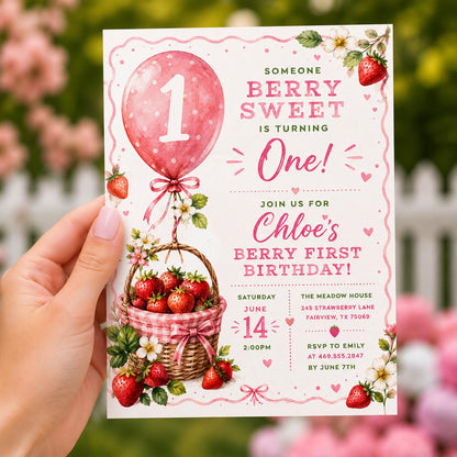 Editable Strawberry Berry First Birthday Invitation Canva Template, Pink Blush Girls Kids Cute Fun Party Invite, Printable Digital Download.