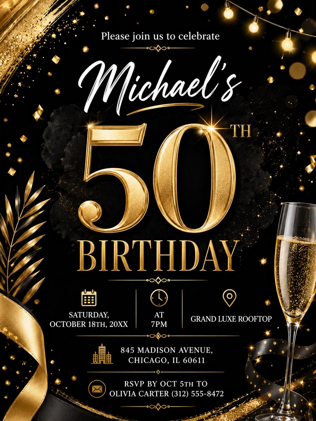 Editable Elegant Birthday Invitation Canva Template, Gold Black Boys Adult Cute Fun DIY Sweet Chic Party Invite, Printable Digital Download.