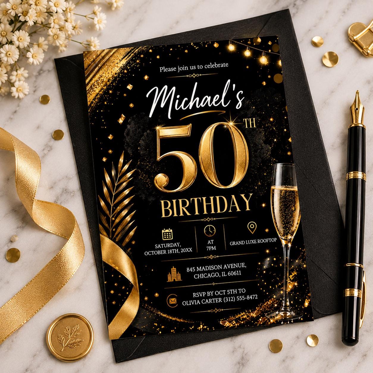 Editable Elegant Birthday Invitation Canva Template, Gold Black Boys Adult Cute Fun DIY Sweet Chic Party Invite, Printable Digital Download.