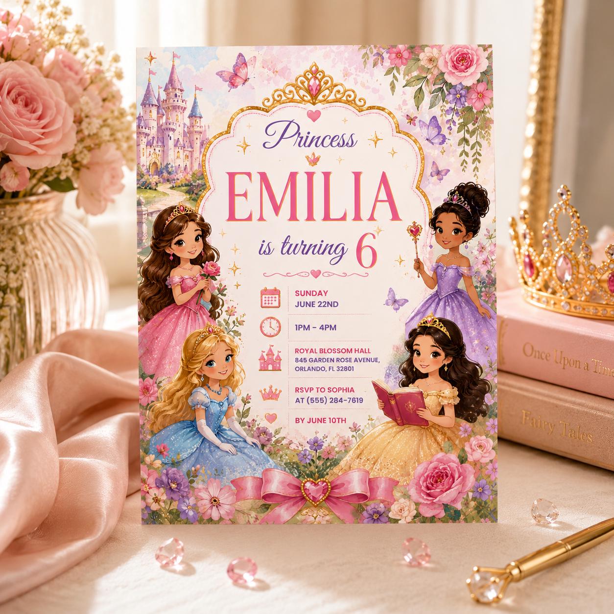 Editable Princess Birthday Invitation Canva Template, Girls Cute Modern Fun Themed Custom DIY Chic Party Invite, Printable Digital Download.