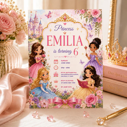 Editable Princess Birthday Invitation Canva Template, Girls Cute Modern Fun Themed Custom DIY Chic Party Invite, Printable Digital Download.