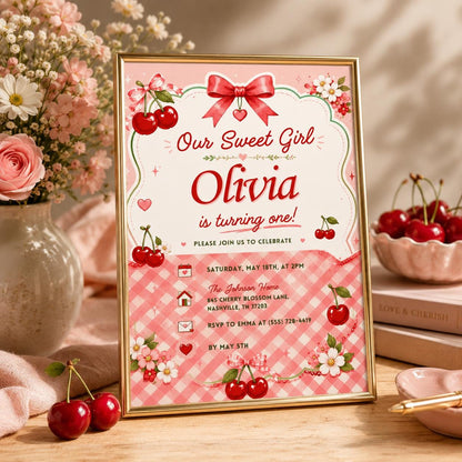 Editable Cherry Birthday Invitation Canva Template, Floral Girls Kids Cute Fun DIY Sweet Chic Teen Party Invite, Printable Digital Download.