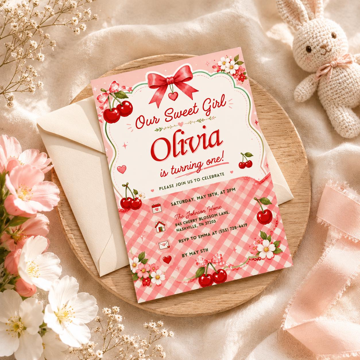 Editable Cherry Birthday Invitation Canva Template, Floral Girls Kids Cute Fun DIY Sweet Chic Teen Party Invite, Printable Digital Download.