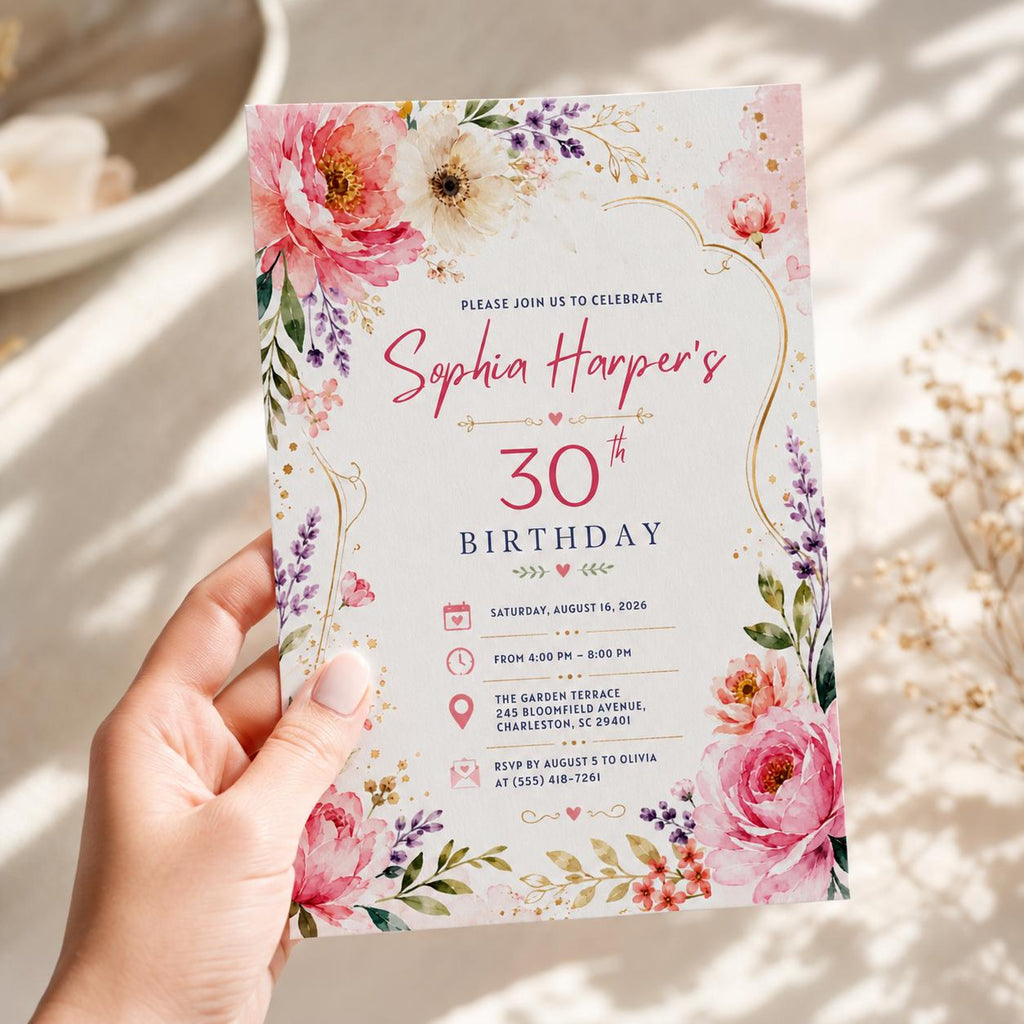 Editable Floral Birthday Invitation Canva Template, Pink Gold Black White Luxury Cute Fun DIY Chic Party Invite, Printable Digital Download.