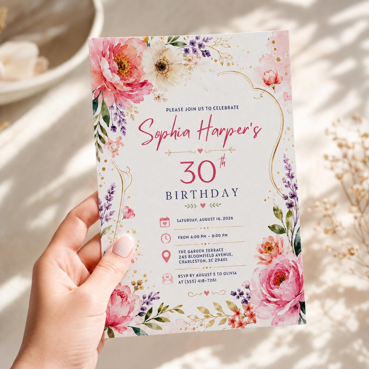 Editable Floral Birthday Invitation Canva Template, Pink Gold Black White Luxury Cute Fun DIY Chic Party Invite, Printable Digital Download.