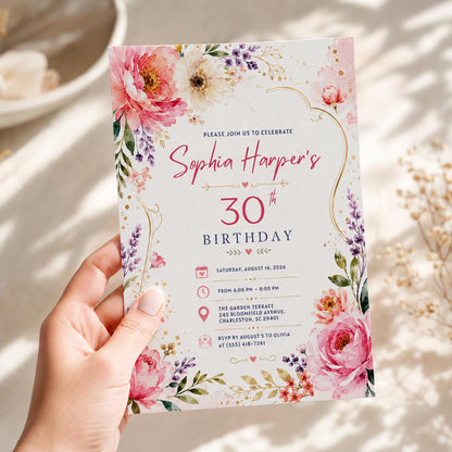 Editable Floral Birthday Invitation Canva Template, Pink Gold Black White Luxury Cute Fun DIY Chic Party Invite, Printable Digital Download.