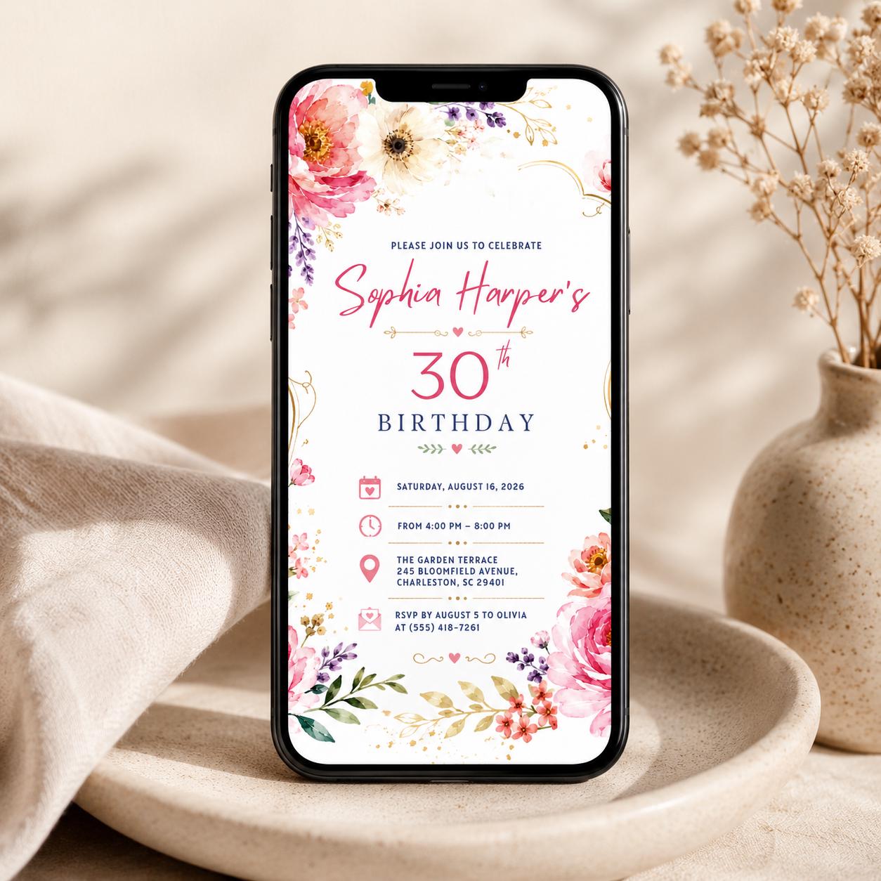 Editable Floral Birthday Invitation Canva Template, Pink Gold Black White Luxury Cute Fun DIY Chic Party Invite, Printable Digital Download.
