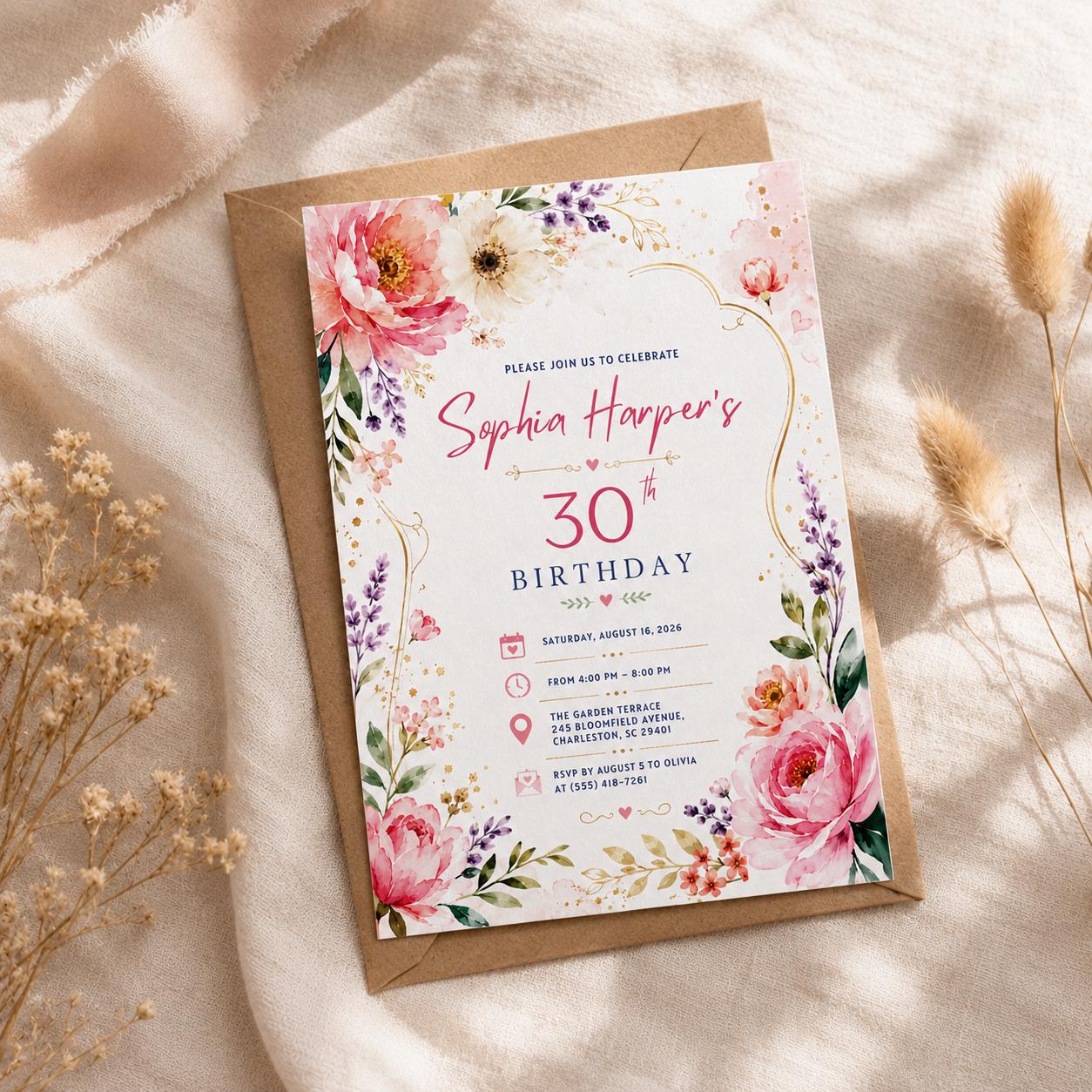 Editable Floral Birthday Invitation Canva Template, Pink Gold Black White Luxury Cute Fun DIY Chic Party Invite, Printable Digital Download.