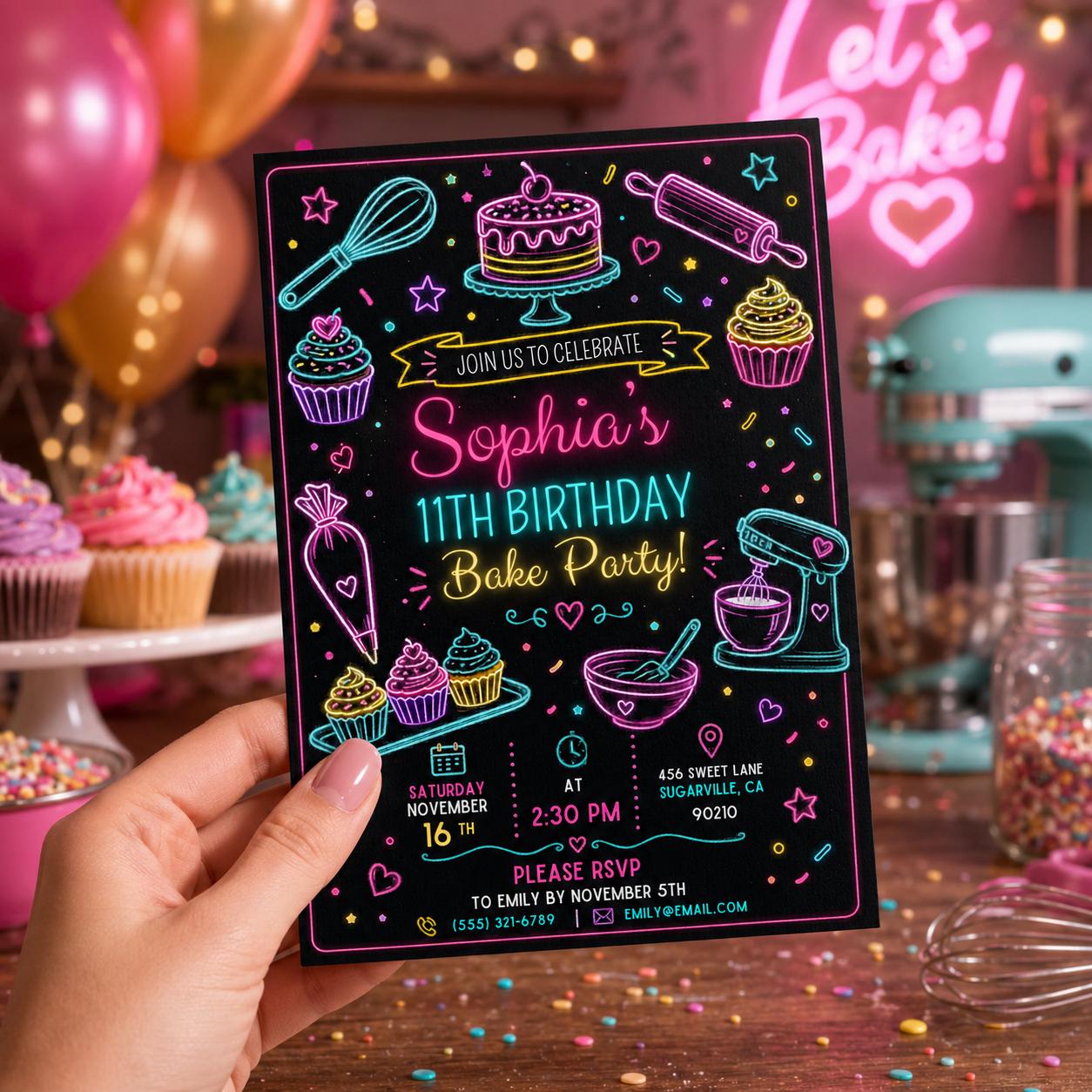 Editable Baking Birthday Invitation Canva Template, Kids Cute Modern Fun DIY Sweet Chic Teen Tween Party Invite, Printable Digital Download.