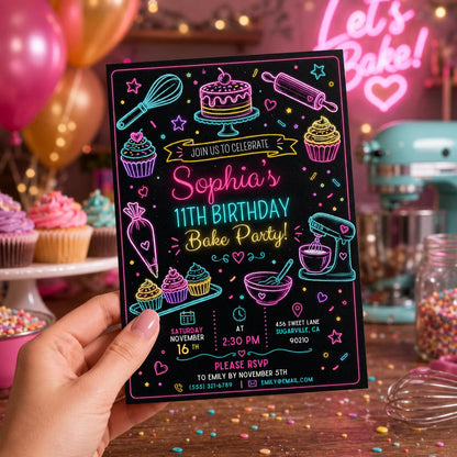 Editable Baking Birthday Invitation Canva Template, Kids Cute Modern Fun DIY Sweet Chic Teen Tween Party Invite, Printable Digital Download.