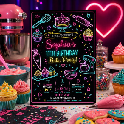 Editable Baking Birthday Invitation Canva Template, Kids Cute Modern Fun DIY Sweet Chic Teen Tween Party Invite, Printable Digital Download.