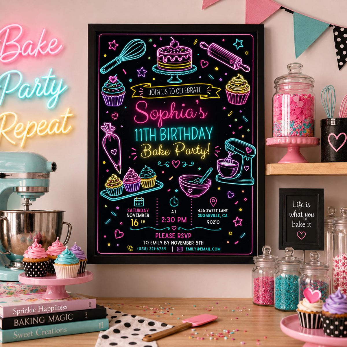 Editable Baking Birthday Invitation Canva Template, Kids Cute Modern Fun DIY Sweet Chic Teen Tween Party Invite, Printable Digital Download.