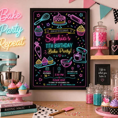 Editable Baking Birthday Invitation Canva Template, Kids Cute Modern Fun DIY Sweet Chic Teen Tween Party Invite, Printable Digital Download.