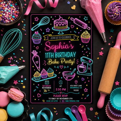 Editable Baking Birthday Invitation Canva Template, Kids Cute Modern Fun DIY Sweet Chic Teen Tween Party Invite, Printable Digital Download.