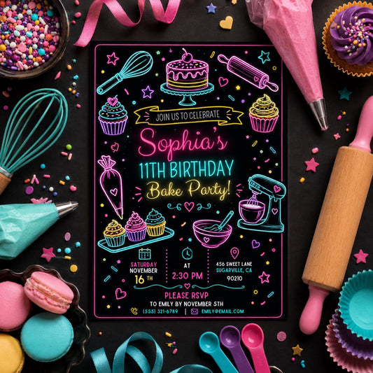 Editable Baking Birthday Invitation Canva Template, Kids Cute Modern Fun DIY Sweet Chic Teen Tween Party Invite, Printable Digital Download.