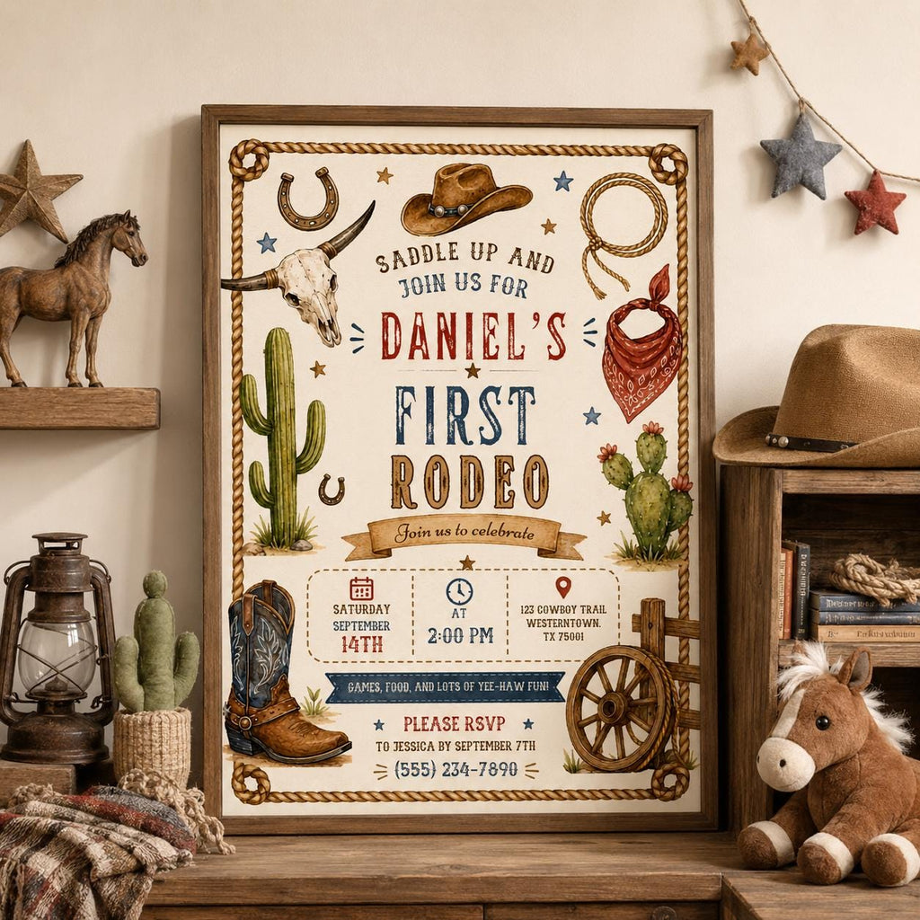 Editable Cowboy Birthday Invitation Canva Template, Boys Kids Cowboy Cute Modern Fun DIY Chic Teen Party Invite, Printable Digital Download.