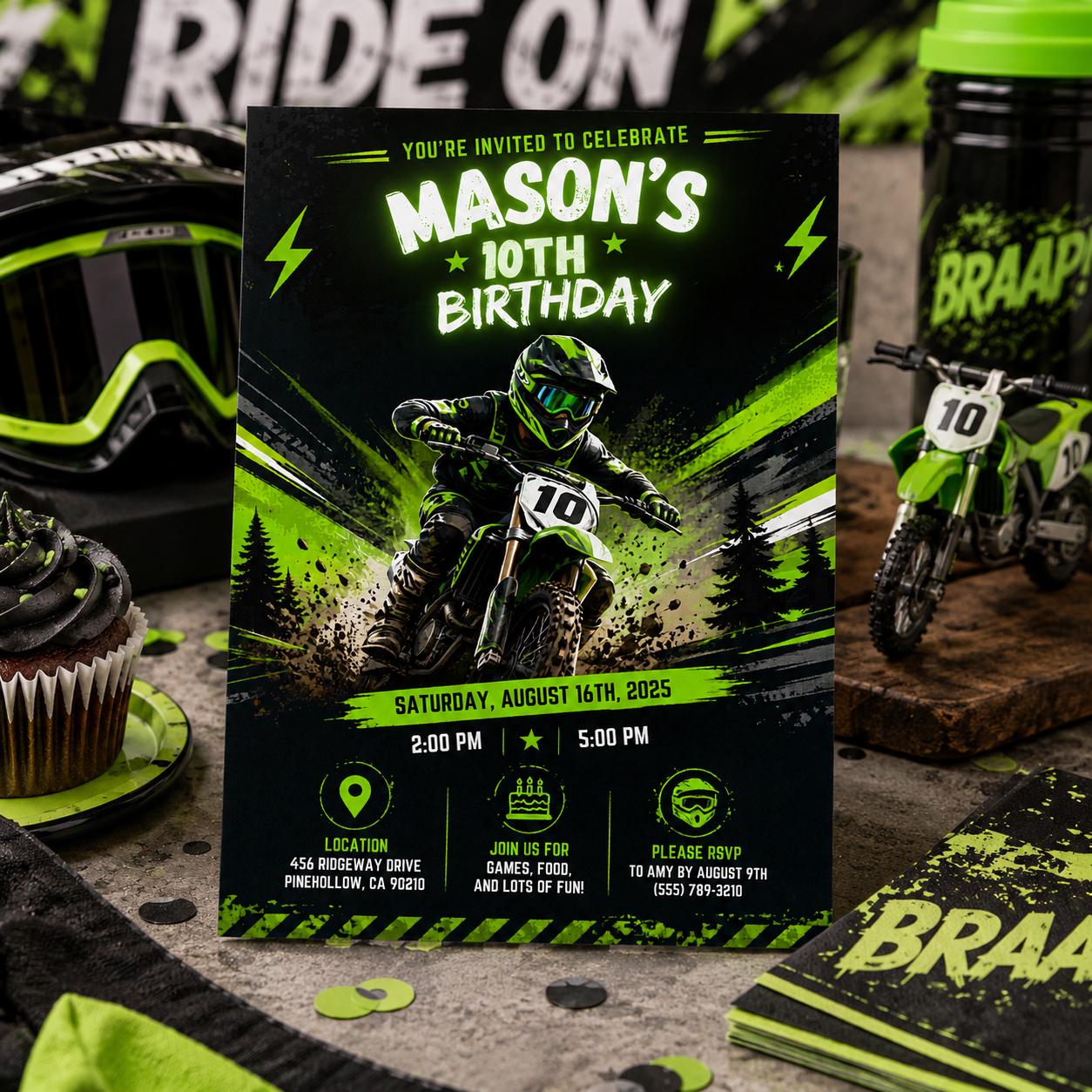 Editable Motocross Birthday Invitation Canva Template, Kids Cute Modern Fun Themed Custom DIY Chic Party Invite, Printable Digital Download.